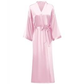 V Vaborous Women's Satin Robe Long Silk Robes Kimono Robes Long Bridal Robes Silky Bathrobes Sleepwear, Pink, L/XL