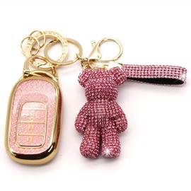 Simocky Key Fob Cover with Diamond Keychain, Car Key Shell for Women, Compatible with Honda 2023 2024 Accord Civic HRV CRV Pilot Smart Remote Key Protector (5 Buttons-Pink Bear)