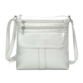 Women's Slim PU Leather Multi-Pockets Sling Messenger Handbag Shoulder Crossbody Bag -SILVER