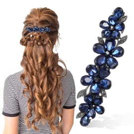 Navy Diamante Hair Clips for Women, Sparkly Rhinestone Flower Bridal Barrettes Crystal Wedding Diamanté Bridal Hair Accessories for Bride Prom Flower Girls Long Hair(Blue)