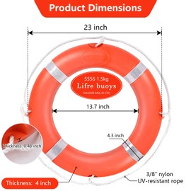 Life Ring 23 Inch with Bracket, Boat Safety Throw Rings Orange Life Ring, Solid Life Preserver Ring with 98.5 FT Orange Water Floating Lifesaving Rope and Reflective Tape for Boat