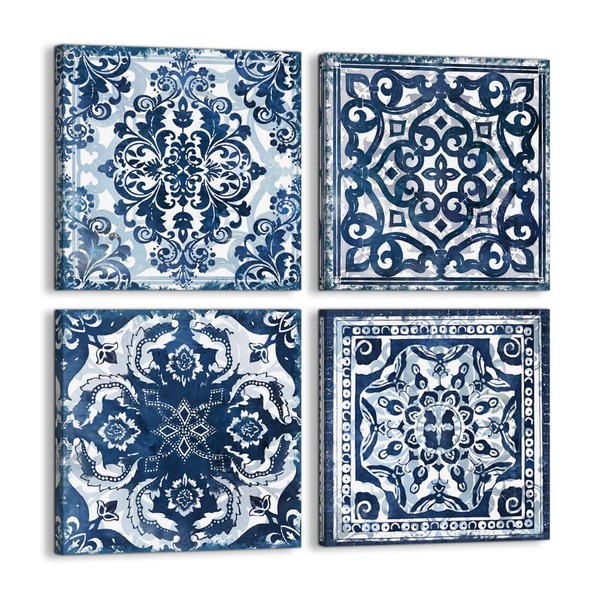 Bedroom Decor Canvas Wall Art Flower Pattern Prints Bathroom Abstract Pictures Modern Navy Framed Wall Decor Artwork for Walls Hang for Bedroom 4 Pieces Wall Decoration Size 14x14 Each Panel