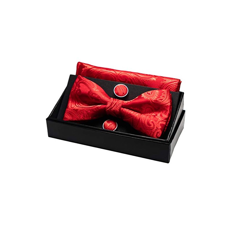 JEMYGINS Men's Paisley Pattern Bow Tie, Cuffs, Buttons, Handkerchief Set,