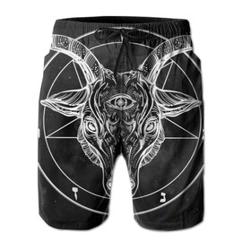 Mens Swim Trunks Pentagram with Demon Baphomet Satanic Goat Quick Dry Beach Shorts with Pockets