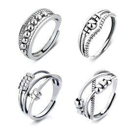 GWAWG 4PCS Anxiety Rings for Women, Silver Stress Relief Spinner Ring with Beads, Adjustable Open Fidget Ring for Teenage girls