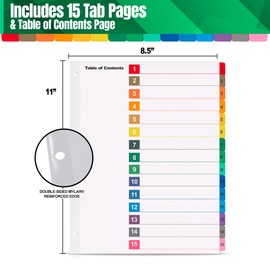 Tab Dividers for 3 Ring Binders – 6 Sets, 1–15 Numbered Index Dividers with Table of Contents – 8.5 x 11 in, 3-Hole Punched – Binder Dividers for School, Office, Filing, Organizing - 6 Pack