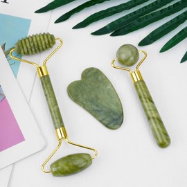 Gua Sha Set y Rodillo de Jade, Jade Gua Sha y Rodillos Faciales para Mujeres, Regalos de Autocuidado para Mujeres,Mejora la Ojera, Cuidado de la Piel RegalosDrenaje Linfático Gua Sha