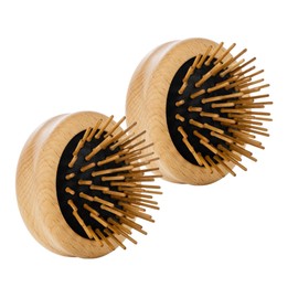 Remos Mini Foldable Hair Brush with Wooden Pins Made of Beech Wood, Round Compact Detangling Brush, 2 x