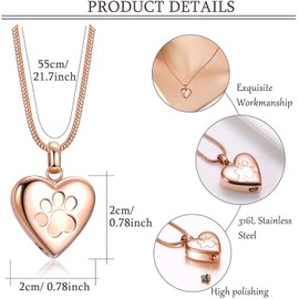 Milacolato Urn Chain for Ashes Pendant Paw Print Pet Heart Urn Necklace Memorial Keepsake Urn Jewellery with Funnel Kit for Pet / Dog / Cat Ashes 2 Pieces
