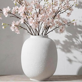 Jarrón grande de cerámica blanca, jarrón redondo rústico alto de 9.85 pulgadas para centros de mesa, decoración moderna de casa de campo (blanco arenisco)