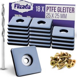 Filzada® 18 x Teflon Glides for Screwing – 25 x 25 mm (Square) – Furniture Glides / Carpet Glides PTFE (Teflon) with Screws