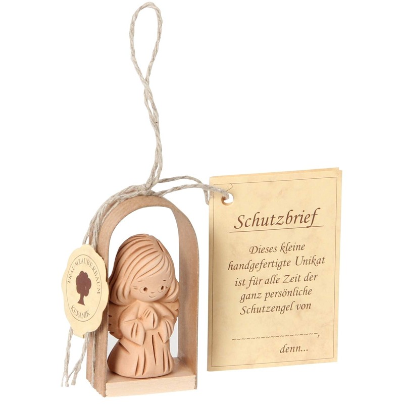 Traumzauberbaum Ceramic Guardian Angel Kneeling in Wooden Arch, Approx. 3