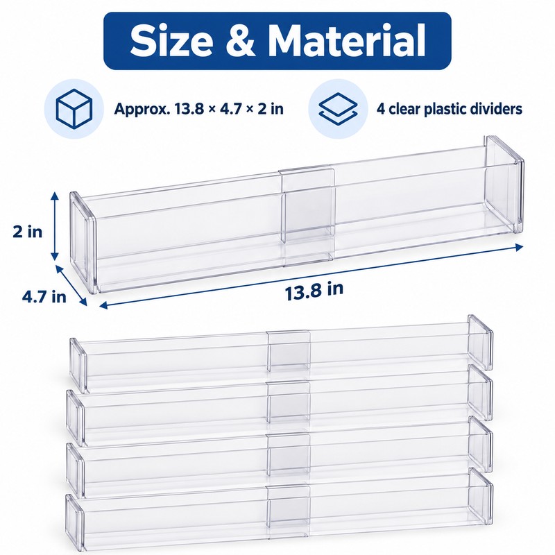 4-Pack Adjustable Drawer Dividers - Clear Expandable Organizers for Drawers,