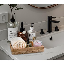 PENGARO Rectangle Bathroom Tray, 10" Bathroom Over Toilet Tank Tray Water Hyacinth Wicker Basket for Bathroom Counter Long Narrow Badtub Hand Towel Storage Basket for Home Decor, Rattan Yellow