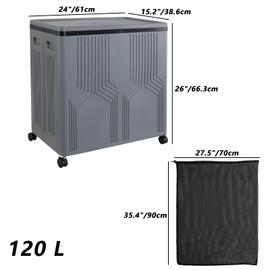 Morcte 120 L Double Collapsible Laundry Hamper with Lid and Wheels, Gray