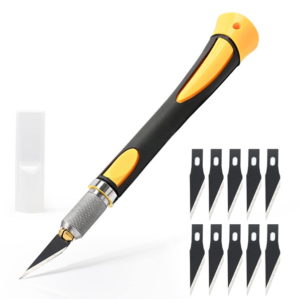 EHDIS Craft Knife Scalpel Set, with Soft Handle Included, with 10 Replacement Blades Coated with a Rust Protection Oil Film, Carving Craft Knife, Cutter Knife, Scalpel Crafts, Yellow