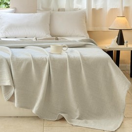 Simple&Opulence Linen Cotton Blanket with Double Layered Folded Edge for Couch/Bed/Sofa/Gift, Natural Flax Solid Color Soft Breathable Cozy Farmhouse Home Décor - Linen, 104"x90"