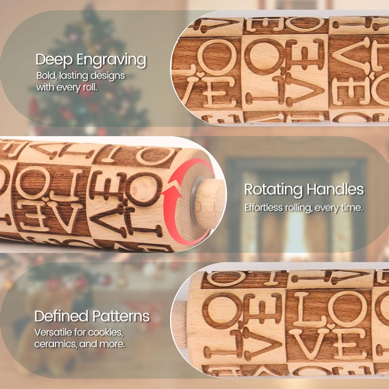 LOVE Embossed Rolling Pins for Cookies, Wooden Engraved Rolling Pins