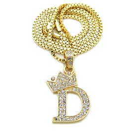 Fashion 21 Unisex Small Size Pave Crown Tilted Initial Alphabet Letter Pendant 2mm 24" Box Chain Necklace in Gold, Silver Tone (D - Gold Tone)