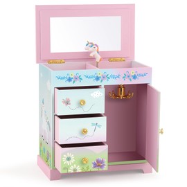 RR ROUND RICH DESIGN Big Music Jewelry Box for Girls with 3 Drawers and Lagrge Storage Paired Foil Gold Unicorn Theme Spinning Playback the Tune for Beautiful Dream Song Pink-Green