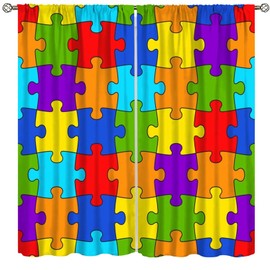 Focusbrite Puzzle Kitchen Curtains, Colorful Puzzle Pieces Fractal Children Hobby Activity Leisure Toys Cartoon Image, Window Drapes Set 2 Panels,42x45 Inches, Style