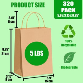baxwel Paper Gift Bags Bulk of 5.9x3.15x8.25 320Pcs, Brown Kraft Paper Bags with Handles for Small Business, Heavy Duty Bulk, for Birthday Party Favors, Shopping, Retail