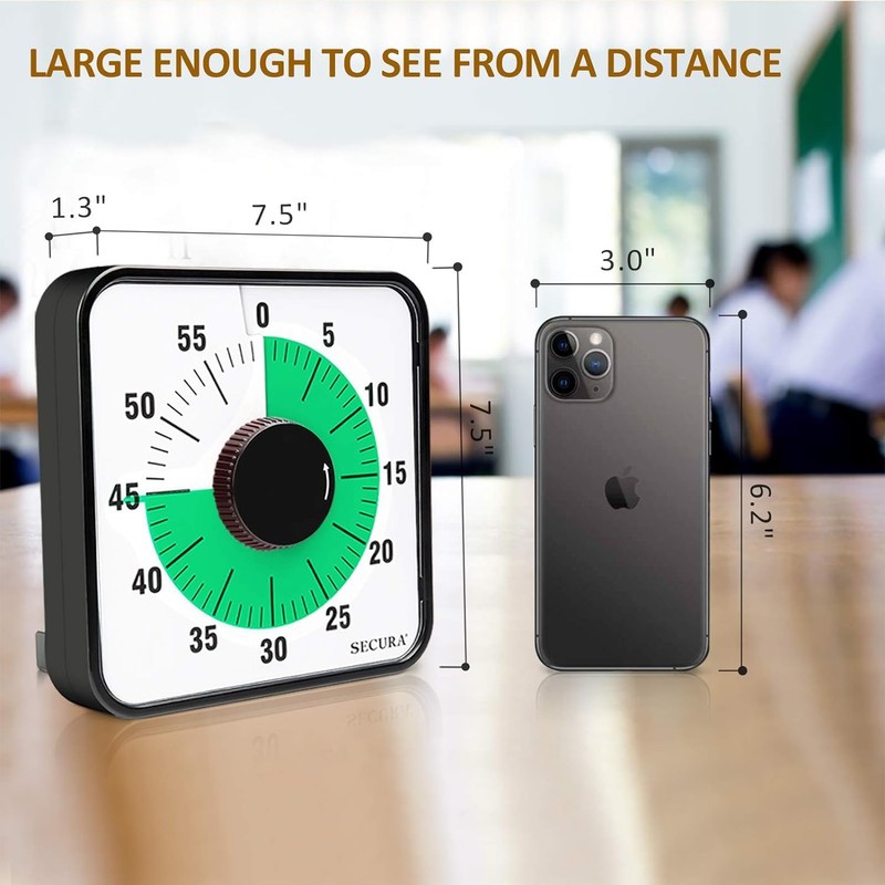 Secura 60-Minute Visual Countdown Timer, 7.5-Inch Oversize Classroom Visual Timer