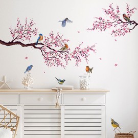 LOONELO Cherry Blossom Wall Decals, Double-Sided Sakura & Birds Spring Summer Removable Window Clings, Peel and Stick Glass Stickers for Bedroom, Living Room, Kitchen, Office Home Decor