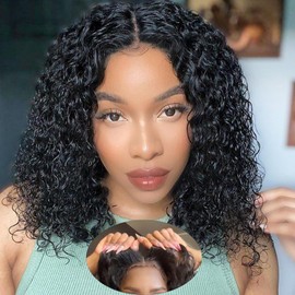 Wear and Go Glueless Wigs Human Hair Pre Plucked Pre Cut Curly Bob Wigs Human Hair Upgraded 4x4 No Glue Water Wave Lace Closure Wigs Human Hair for Women Natural Black 14 Inch