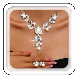 Brishow Leaf Wedding Jewelry Sets Rhinestone Pearl Necklace Costume Silver Necklaces and Earrings Set for Women and Brides (Silver)