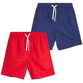 Quad Seven Boys Swim Trunks - 2 Pack Basic Quick Dry Boys Board Shorts Bathing Suit Kids Swimwear with Pockets (Sizes: 8-18), Size 16-18, Navy/Red