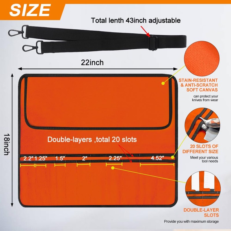 QIQU Orange Chef Knife Bag With 20 Slots Cutlery Knives