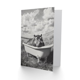 Artery8 Greeting Card Baby Hippo in Bathtub Black White Surreal Blank For Him Or Her Art Birthday Card