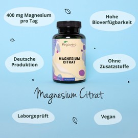 Vegavero Magnesium Citrate Capsules Pack of 180 – 400 mg Elementary Magnesium High Dose per Daily Dose – Magnesium Capsules High Dose and Well Bioavailable – Vegan without Additives – Laboratory Tested Quality