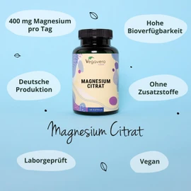Vegavero Magnesium Citrate Capsules Pack of 180 – 400 mg Elementary Magnesium High Dose per Daily Dose – Magnesium Capsules High Dose and Well Bioavailable – Vegan without Additives – Laboratory Tested Quality