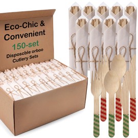 150 Pack Pre Rolled Bamboo Cutlery Napkin Set, Red Green