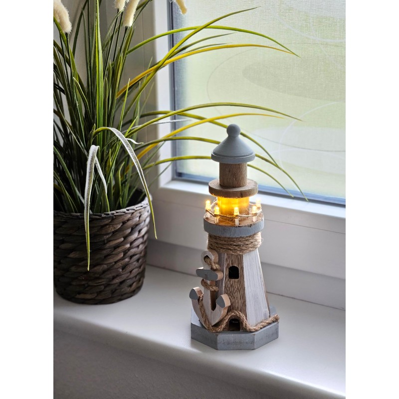 Meinposten Lighthouse Illuminated Wooden LED Decoration Maritime Anchor Beach Sea