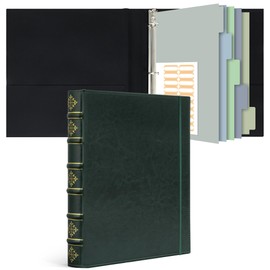 Ospelelf Vintage Leather 3 Ring Binder 1 Inch, Hardback D Ring Binder with Pockets and 5 Tab Dividers, Book Style Document Organizer Fits Letter Size Paper for Home and Office Green