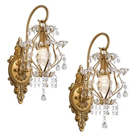 Fetason Hardwired Gold Wall Sconces Wall Lighting Set of 2, Vintage Crystal Wall Light Fixture, Wall Mounted Lamp for Bedroom Living Room, Bathroom Vanity Light Fixture E12 LED Bulb