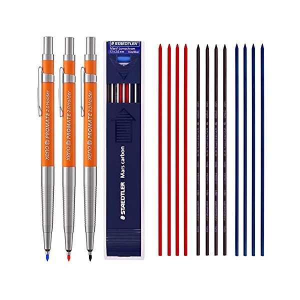 XENO 2.0 mm Lead Holder Pen Mechanical Pencil for Draft Drawing, Carpenter, Crafting, Art Sketching Sharpener (Pack of 3 Pens) + (2.0mm Hb Lead 1 Tube-Red 4+Blue 4 + Black 4=12)