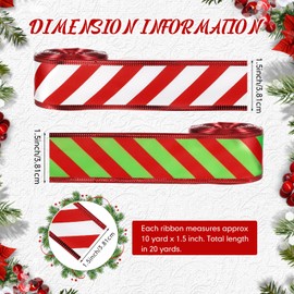 2 Rolls Ribbons for Christmas Tree Christmas Ribbon Wired Ribbon Satin Stripes Edge Ribbon for Crafts DIY Gift Wrapping Party Garden Home Garland Bows Decor (Red Green, Red White,1.5 Inch x 10 Yards)