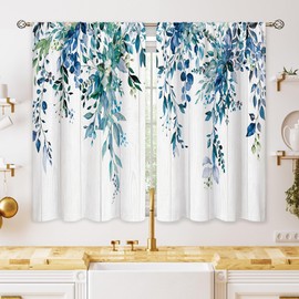 oolygoo Eucalyptus Botanical Leaves Navy Wooden Floral Kitchen Window Curtains Over Sink Farmhouse Flower Leaf Small Window Treatment Cafe Short Curtains for Bathroom Treatment Tier Drapes 26x24 inch