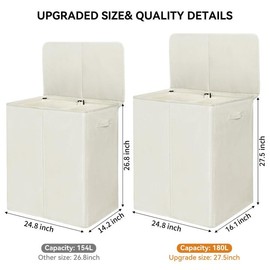WOWLIVE 180L Double Laundry Hamper with Lid and Removable Laundry Bags, Large Dirty Clothes Hamper 2 section Collapsible Laundry Basket Dorm Room Storage for Bedroom, Bathroom, College,Beige