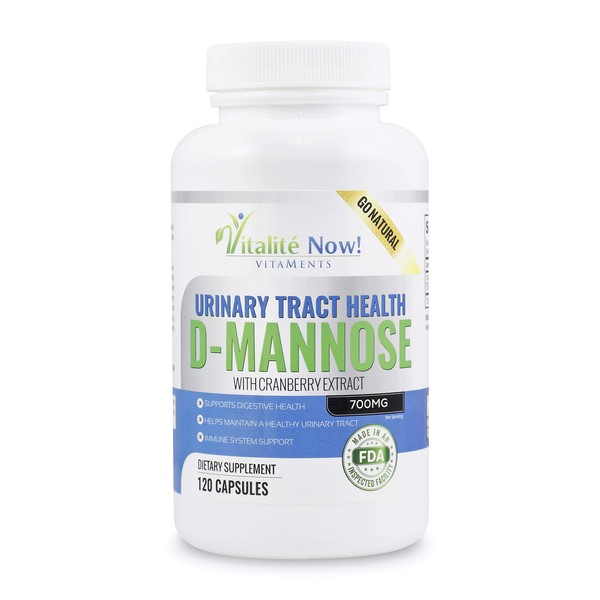 High Strength Pure D-Mannose with Cranberry Extract for Natural Urinary Tract Infections and UTI Support - Digestive Health - Immune System Support - 700mg - Non-GMO - 120 Pills