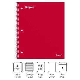 STAPLES 2-Subject Notebook, 8.5" x 11", College Ruled, 120 Sheets, Red Cover