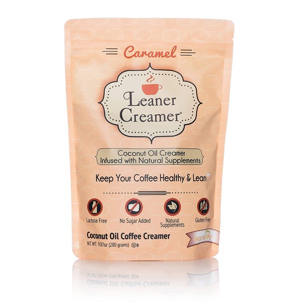 Leaner Creamer Creamy Caramel Sugar Free Coffee Creamer Powder 9.87oz. Perfect Coconut Oil Non-Dairy Caramel Powder To Naturally Cream and Sweeten Coffee, Smoothies, Protein Shakes & More! Ideal Flavoring For All Diets