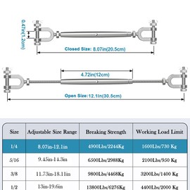 hannger Turnbuckle, 4 Pack 1/4" (M6) 304 Stainless Steel Turnbuckles for Cables Wire, Closed Body Design, 1600 lbs Working Load Limit - Heavy Duty Wire Tensioner for Shade Sail Hardware, Clothesline