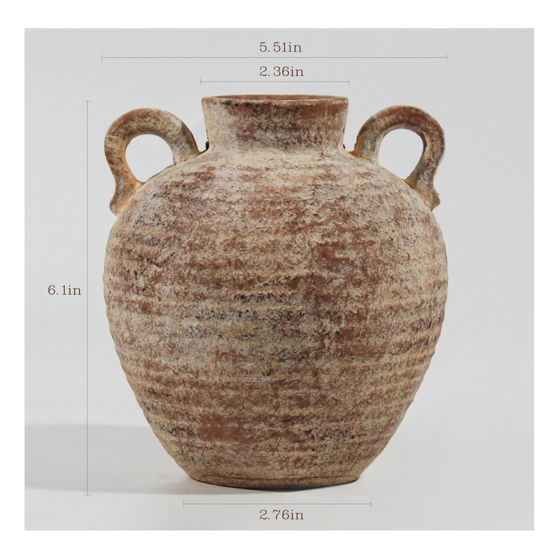 Ceramic Flower Vase with Vintage Handles，Farmhouse Rustic, 6-inch vase