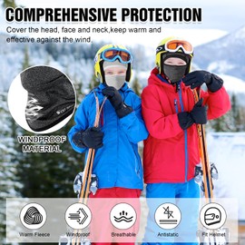 AYPOW Kids Balaclava Warm Multifunctional Windproof Fleece Ski Mask Cycling Face Mask Under Helmet Balaclava Hat with Neck Warmer for Boys Girls 4-12 Winter Outdoor Sports, Graua