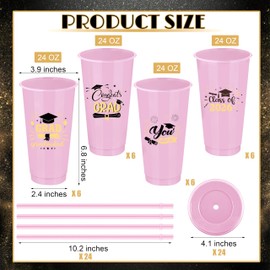 Kochorie 24 Pack 24 OZ Graduation Plastic Cups with Lids and Straws Reusable Party Cups Thick Plastic Congrats Grad Tumbler Bulk for Class of 2026 Graduation Party Supplies, Pink